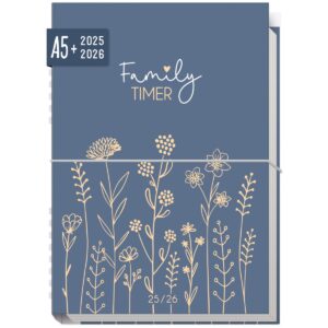 Family-Timer 2025/2026 / 18 Monate / Fine Flowers Blue / Häfft Verlag