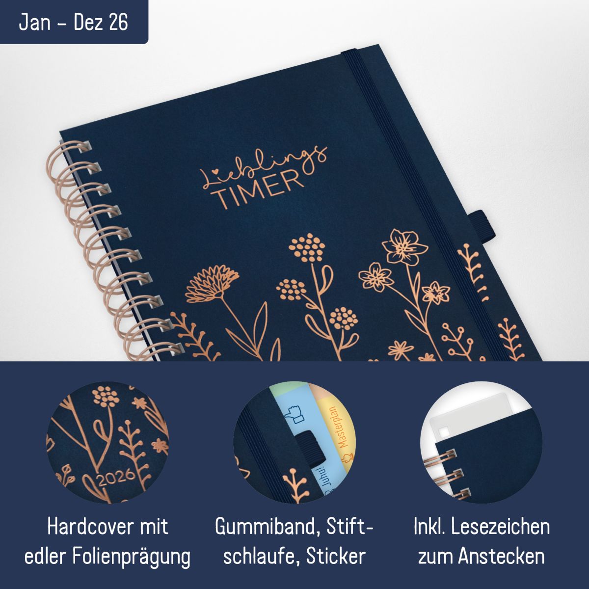 Lieblings-Timer Deluxe 2026 / A5 / Fine Flowers night blue / Häfft-Verlag – Bild 2