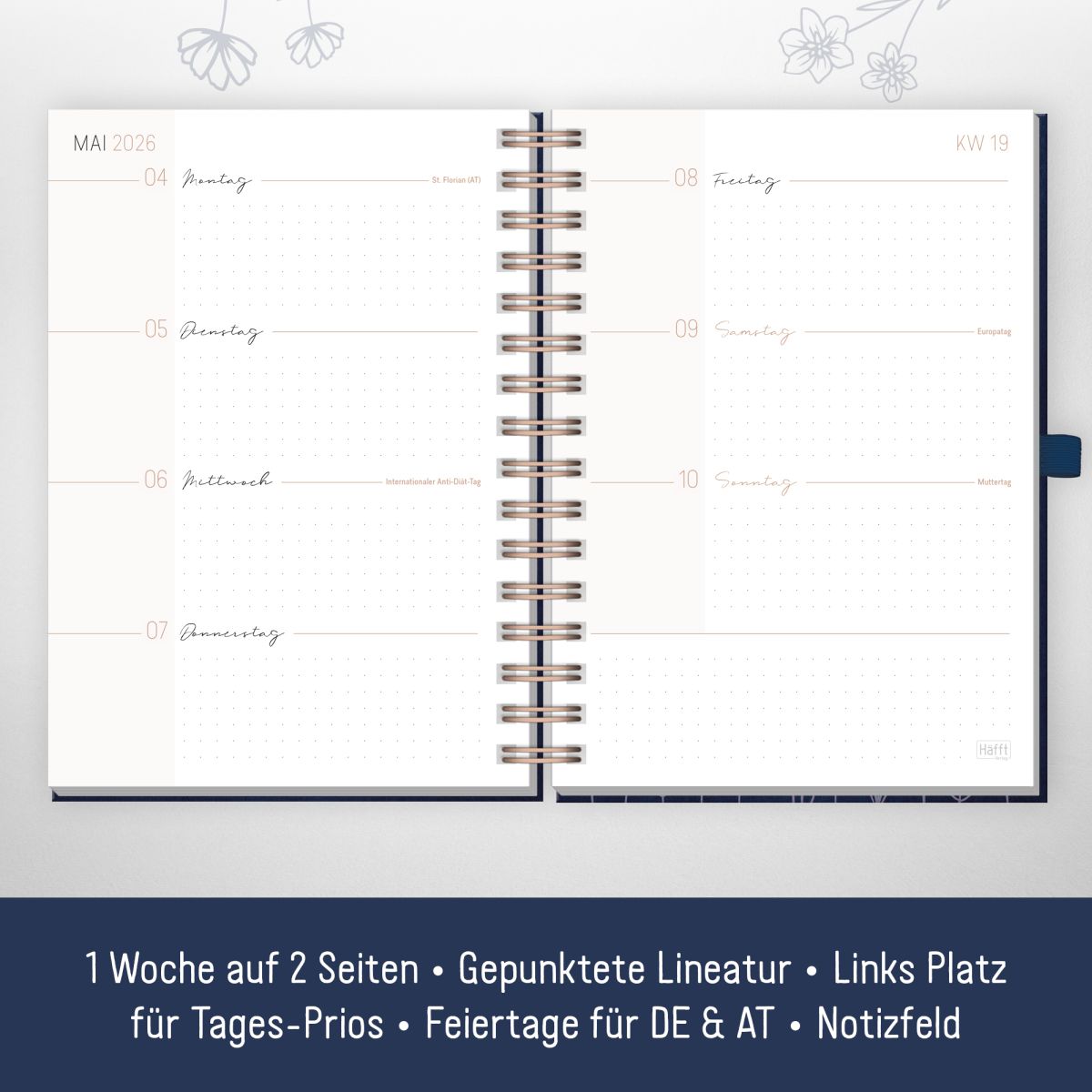Lieblings-Timer Deluxe 2026 / A5 / Fine Flowers night blue / Häfft-Verlag – Bild 3