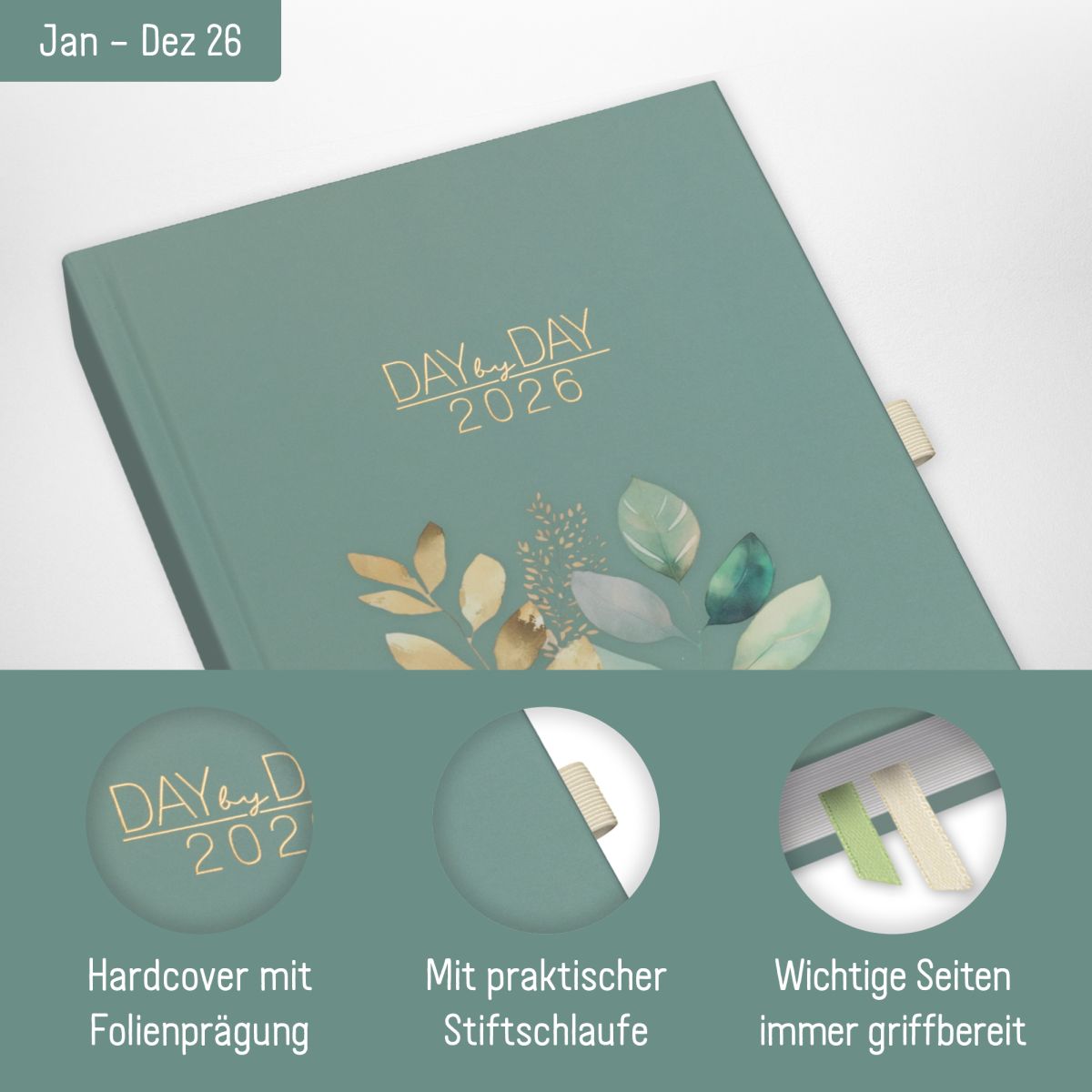 Organizer Day by Day 2026 - 1 Tag/Seite / A5 / Shiny Leaves / Häfft-Verlag – Bild 2