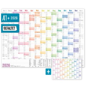 Wandkalender 2026 - A1+ / 89cm x 63cm gefalzt + Extra A4-Übersicht / Rainbow / Häfft-Verlag